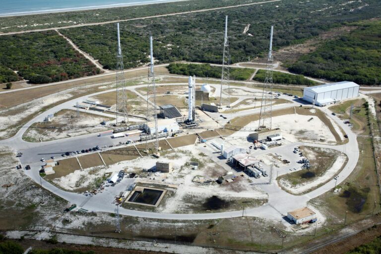 Spaceport ready to launch rocket on sunny day